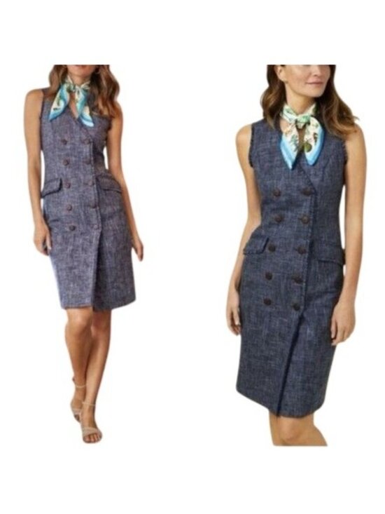 J. McLaughlin Dresses & Skirts - J.McLaughlin Womens Size 14 Dress Tweed Blue Sleeveless Double-Breasted Buttoned